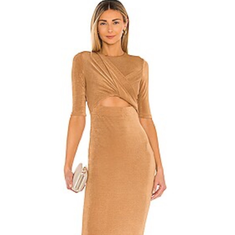 Significant Other MilanTwist Front Elegant Tan Cut-Out Midi Dress